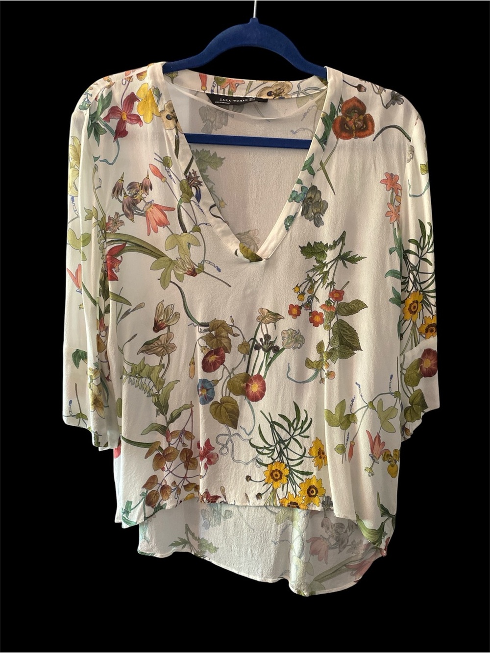 Zara Cream V Neck Blouse with Botanical Print. Size Large